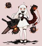  ahoge bad_id bad_pixiv_id bare_legs barefoot covered_mouth dress highres horns kaeru_otoko kantai_collection long_hair looking_at_viewer machinery mittens northern_ocean_hime red_eyes shinkaisei-kan standing white_dress white_hair white_skin 