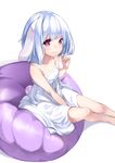  animal_ears bean_bag_chair blush bunny_ears bunny_tail dress kyon_(fuuran) original red_eyes short_hair silver_hair simple_background sitting smile solo sundress tail white_background 