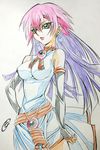  1girl bare_shoulders breasts green_eyes luna_(yuu-gi-ou_zexal) medium_breasts pink_hair purple_hair solo white_background yu-gi-oh! yuu-gi-ou_zexal 