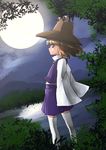  blonde_hair bush cloud cloudy_sky full_moon hair_ribbon hat hill lake long_sleeves moon moonlight moriya_suwako nature night numany purple_eyes purple_skirt reflection ribbon short_hair skirt sky solo thighhighs touhou tree turtleneck vest wide_sleeves wind zettai_ryouiki 