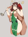  1girl :t anger_vein apron bad_id bad_twitter_id between_breasts breast_grab breasts brown_hair clothes_between_breasts clothes_writing commentary_request emu_(eomou) faceless faceless_male grabbing groping hetero highres kantai_collection ladle medium_breasts naked_apron nipples nude oven_mitts pout sweatdrop tears tone_(kantai_collection) twintails yellow_eyes 