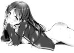  ass braid breasts chin_rest dekochin_hammer french_braid greyscale long_hair looking_at_viewer lying monochrome nipples on_side open_clothes open_shirt original shirt small_breasts solo sweat 