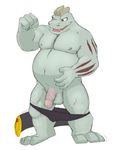  2014 balls biceps canson chubby clothing erection flexing machoke male musclegut muscles nintendo nipples pants pants_down penis plain_background pok&eacute;mon red_eyes solo thick_penis vein video_games 