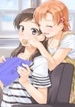  ^_^ black_eyes blush book brown_hair chair closed_eyes eating hair_bobbles hair_ornament idolmaster idolmaster_million_live! kitazawa_shiho long_hair miri_(ago550421) mouth_hold multiple_girls orange_hair short_hair sitting window yabuki_kana 