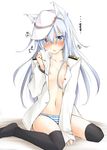  blue_eyes breasts hammer_and_sickle hat hibiki_(kantai_collection) highres kaminagi_(kaminagi-tei) kantai_collection long_hair nipples panties school_uniform serafuku silver_hair small_breasts solo striped striped_panties translated underwear verniy_(kantai_collection) white_background 