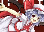  :d akisome_hatsuka ascot fang hat looking_at_viewer mob_cap open_mouth outstretched_arms pointy_ears purple_hair red_eyes remilia_scarlet short_hair smile solo spread_arms touhou 