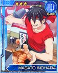  1boy bad_id bad_pixiv_id black_hair blue_eyes card_(medium) character_name commentary_request food headband inohara_masato little_busters! male_focus meat noodle_strainer noodles ramen satomi_yoshitaka sleeves_rolled_up solo strainer 