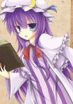  akisome_hatsuka book bow bowtie dress hair_bow hair_ribbon hat holding holding_book long_hair looking_at_viewer mob_cap open_mouth patchouli_knowledge purple_eyes purple_hair ribbon solo striped striped_dress touhou 