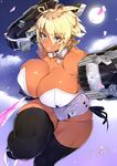  23_(real_xxiii) bare_shoulders black_legwear black_ribbon blonde_hair blue_eyes bouncing_breasts bow bowtie breasts bunnysuit cleavage cloud collarbone covered_nipples dark-skinned_girl_(23) dark_skin detached_collar downscaled duplicate full_moon gauntlets highres jewelry large_breasts leotard light_smile lips md5_mismatch moon motion_lines original phantasy_star phantasy_star_online_2 resized ribbon short_hair solo striped striped_bow striped_neckwear text_focus thighhighs 