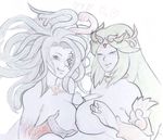  2girls ;) antiheld breast_press breasts disembodied_penis gorgon grin hetero kid_icarus kid_icarus_uprising large_breasts long_hair medusa_(kid_icarus) multiple_girls multiple_paizuri nipples one_eye_closed paizuri palutena penis precum smile snake_hair symmetrical_docking traditional_media uncensored 