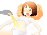  1girl bad_id banana bed blush bob_cut breasts brown_hair food fruit hair_ornament hairclip kure_(oshidashi-shiki_missile) lying navel navel_insertion on_bed one_eye_closed open_mouth orange_eyes short_hair slit_pupils small_breasts underwear white_background 