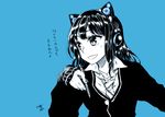  animal_ears artist_name axent_wear bangs black_hair blue_background cardigan cat_ear_headphones cat_ears fingernails grin headphones idolmaster idolmaster_cinderella_girls jewelry mechanical_pencil monochrome necklace necktie pencil school_uniform shibuya_rin short_hair simple_background sleeves_past_wrists smile solo spot_color takanashi_ringo translated 