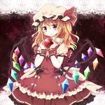  adapted_costume alternate_costume apple bad_id bad_pixiv_id blonde_hair bow dress flandre_scarlet food frills fruit fuuen_(akagaminanoka) hat hat_ribbon highres mob_cap parted_lips puffy_short_sleeves puffy_sleeves red_dress red_eyes ribbon shirt short_sleeves side_ponytail solo touhou wings wrist_cuffs 