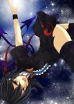  :d akisome_hatsuka asymmetrical_wings black_dress black_hair black_legwear bow brown_eyes dress houjuu_nue looking_at_viewer open_mouth short_hair smile solo touhou upside-down v-shaped_eyebrows wings wristband 
