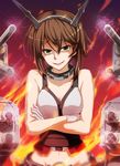  anti_(untea9) bare_shoulders breasts brown_hair commentary_request crossed_arms gloves green_eyes hairband headgear highres incoming_attack kantai_collection looking_at_viewer medium_breasts midriff mutsu_(kantai_collection) navel short_hair solo turret 
