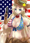  alice360 america american_flag american_flag_bikini arm_belt bad_id bad_pixiv_id bikini bikini_top blonde_hair blue_eyes bow breasts cowboy_shot detached_collar flag_background flag_print food front-tie_top gloves grin gun hamburger hand_on_hip hat highres large_breasts long_hair original smile solo star swimsuit very_long_hair weapon western 