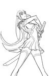  boots dress epaulettes eyebrows ganzyo greyscale junketsu kill_la_kill kiryuuin_satsuki lineart long_hair monochrome serious sheath solo sword thick_eyebrows thigh_boots thighhighs unsheathing very_long_hair weapon 