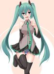  arm_behind_back bare_shoulders blush boots detached_sleeves green_eyes green_hair hand_on_own_chest hatsune_miku kokorono_arika long_hair necktie open_mouth panties skirt solo standing standing_on_one_leg striped striped_panties thigh_boots thighhighs twintails underwear very_long_hair vocaloid 