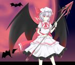  akisome_hatsuka ascot bat bat_wings hat holding looking_at_viewer mob_cap polearm purple_hair red_eyes remilia_scarlet short_hair smile solo spear touhou weapon wings wrist_cuffs 