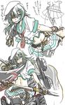  admiral_(kantai_collection) aiguillette alternate_costume anchor_symbol bandolier belt belt_pouch between_legs black_panties cloak comic directional_arrow eyepatch from_behind green_eyes green_hair hat insignia kai_(akamekogeme) kantai_collection kiso_(kantai_collection) leaning_forward long_hair machinery panties pleated_skirt pouch pulling pushing_away remodel_(kantai_collection) saber_(weapon) sailor_hat school_uniform serafuku sheath skirt smirk solo_focus sword translation_request underwear unsheathing weapon white_background 