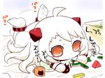  ahoge aircraft airplane anklet barefoot chibi comic cup jewelry kantai_collection long_hair lying mittens northern_ocean_hime partially_translated red_eyes sako_(bosscoffee) shinkaisei-kan solo sweatdrop translation_request white_hair 
