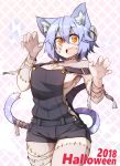  1girl 2018 animal_ears bandage blue_hair breasts cat_ears cat_tail cleavage fang halloween halloween_costume looking_at_viewer medium_breasts open_mouth orange_eyes original outstretched_arms ryota_tentei scar short_hair shorts solo tail tora_tentei zombie zombie_pose 