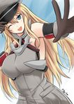  ;d bismarck_(kantai_collection) blonde_hair blue_eyes breasts brown_gloves detached_sleeves dutch_angle fuuma_nagi gloves hat kantai_collection large_breasts long_hair looking_at_viewer one_eye_closed open_mouth peaked_cap smile solo 