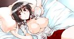  bed bed_sheet black_eyes black_hair blush bra breasts cosaten frown large_breasts lying nipples on_back open_clothes open_shirt pillow school_rumble shirt short_hair skirt solo suou_mikoto underwear 
