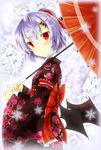  akisome_hatsuka alternate_costume bat_hair_ornament bat_wings hair_ornament head_tilt japanese_clothes kimono looking_at_viewer purple_hair red_eyes remilia_scarlet short_hair smile snowflakes solo touhou wings 