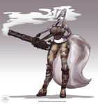  2014 big_breasts blue_eyes body_armor boots breasts clothing ear_piercing esmeralda female fishnet fur gloves grey_fur gun hair huge_breasts industrial_piercing lips mammal minigun pants piercing ranged_weapon short_hair skunk solo weapon white_fur white_hair zaftigbunnypress 