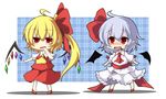  :d ahoge akisome_hatsuka ascot bat_wings blush bow chibi detached_wings flandre_scarlet hair_bow hair_ribbon long_hair looking_at_viewer multiple_girls open_mouth pointy_ears red_eyes remilia_scarlet ribbon short_hair side_ponytail silver_hair smile touhou wings 