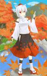  :d akisome_hatsuka animal_ears autumn autumn_leaves breasts falling falling_leaves full_body geta hat inubashiri_momiji leaf looking_at_viewer medium_breasts open_mouth red_eyes short_hair smile solo standing tokin_hat touhou white_hair wolf_ears 