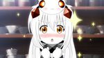  :o blush chestnut_mouth dress gochuumon_wa_usagi_desu_ka? highres horns kantai_collection looking_at_viewer mittens northern_ocean_hime object_on_head open_mouth orange_eyes parody shimashima_nezumi shinkaisei-kan solo sparkle white_dress white_hair white_skin 