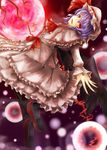  :d akisome_hatsuka ascot bat_wings black_legwear full_moon hat looking_at_viewer mob_cap moon open_mouth purple_hair red_eyes remilia_scarlet shoes short_hair smile solo touhou wings 
