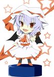  :d akisome_hatsuka ascot bat_wings black_legwear card chibi hat holding looking_at_viewer mob_cap open_mouth purple_hair red_eyes remilia_scarlet shoes short_hair smile solo spear_the_gungnir touhou wings 