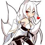  animal_ears blush breasts cleavage detached_sleeves facial_mark fang fox_ears fox_tail heart large_breasts long_hair lowres multiple_tails open_mouth phantasy_star phantasy_star_online_2 red_eyes silver_hair solo tail teranekosu thighhighs 