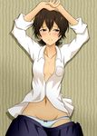  1girl artist_request barakamon blush breasts brown_eyes brown_hair cleavage dress_shirt looking_at_viewer lying open_clothes panties shirt short_hair skirt skirt_down small_breasts solo underwear yamamura_miwa 