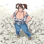  animal_print bare_shoulders breasts brown_eyes brown_hair cleavage cow_horns cow_print crater flower gigantic_breasts hands_on_hips hataraki_ari horns huge_breasts looking_at_viewer looking_up original sandals short_hair smile solo sukimi thighs 