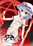  akisome_hatsuka card hat holding looking_at_viewer magic_circle mob_cap navel pointy_ears purple_hair red_eyes remilia_scarlet short_hair solo sparkle spear_the_gungnir torn_clothes touhou 