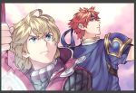  armor blonde_hair blue_eyes cape fire_emblem fire_emblem:_fuuin_no_tsurugi gloves headband male_focus monado multiple_boys nintendo red_hair roy_(fire_emblem) short_hair shulk simple_background super_smash_bros. sword tomentomob weapon xenoblade_(series) xenoblade_1 