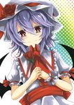  akisome_hatsuka ascot bat_wings flower from_below hat holding looking_at_viewer mob_cap purple_hair red_eyes remilia_scarlet rose short_hair smile solo touhou wings wrist_cuffs 