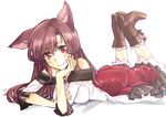 animal_ears ass bare_shoulders boots breasts brooch brown_hair dress feet_up frilled_dress frills hand_on_own_face imaizumi_kagerou jewelry long_hair looking_at_viewer lying medium_breasts no_tail numany red_dress red_eyes simple_background smile socks solo touhou white_background wolf_ears 