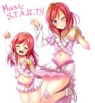  :d ^_^ bracelet child closed_eyes detached_sleeves dress frilled_dress frills highres jewelry long_hair long_sleeves looking_at_viewer love_live! love_live!_school_idol_project midriff miniskirt music_s.t.a.r.t!! nishikino_maki one_eye_closed open_mouth paw_pose puffy_long_sleeves puffy_short_sleeves puffy_sleeves purple_eyes red_hair short_hair short_sleeves single_detached_sleeve skirt smile solo song_name standing standing_on_one_leg time_paradox younger yu-ta 