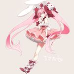  animal_ears bow breasts bunny_ears cako_asida cleavage detached_sleeves di_gi_charat dice dice_hair_ornament dress finger_to_mouth frilled_dress frills full_body hair_bow hair_ornament hair_ribbon long_hair looking_at_viewer medium_breasts pink_hair red_eyes ribbon smile solo translated twintails usada_hikaru very_long_hair 