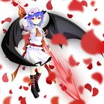  akisome_hatsuka ascot bat_wings blue_hair blurry depth_of_field hat holding looking_at_viewer mob_cap petals red_eyes remilia_scarlet short_hair solo spear_the_gungnir touhou wings wrist_cuffs 