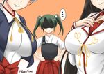  3girls black_hair breast_envy breasts chitose_(kantai_collection) flat_chest fuuma_nagi green_hair grey_hair hands_on_own_chest head_out_of_frame hiyou_(kantai_collection) japanese_clothes kantai_collection large_breasts long_hair multiple_girls muneate short_hair smile twitter_username zuikaku_(kantai_collection) 