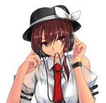  breasts brown_hair hat hat_ribbon headphones highres luna_(gunfire) mouth_hold nail_polish necktie red_eyes ribbon solo touhou usami_renko 