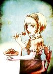  alice_margatroid bad_id bad_pixiv_id capelet chair dress eating eruza food fork hairband highres lolita_hairband open_mouth pasta plate sitting solo spaghetti table touhou 