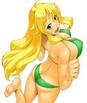  1girl ass barefoot bikini blonde_hair breasts green_eyes hoshii_miki kawanuma_uotsuri large_breasts simple_background smile solo swimsuit white_background 