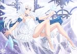  blue_eyes blush cross-laced_footwear detached_sleeves high_heels ice kazenokaze original panties pantyshot pantyshot_(sitting) sitting snow snowflakes solo underwear white_hair wings 